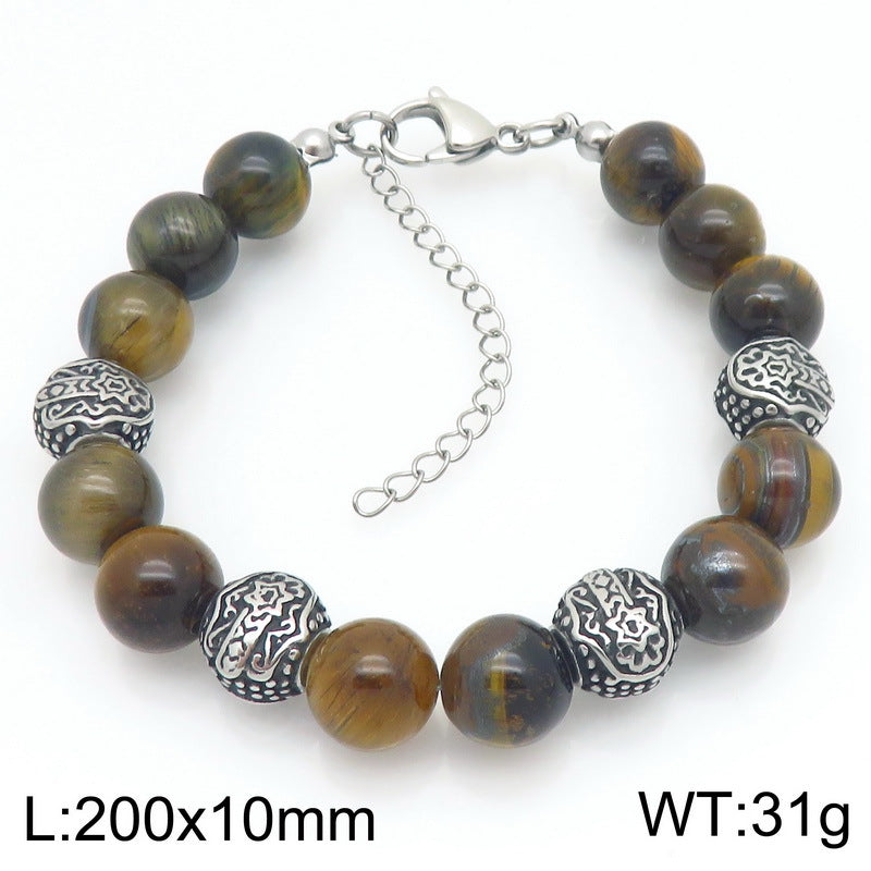 Bracelet – Tiger's Eye Stone Beaded Stainless Steel Round Beads With Extension Chain