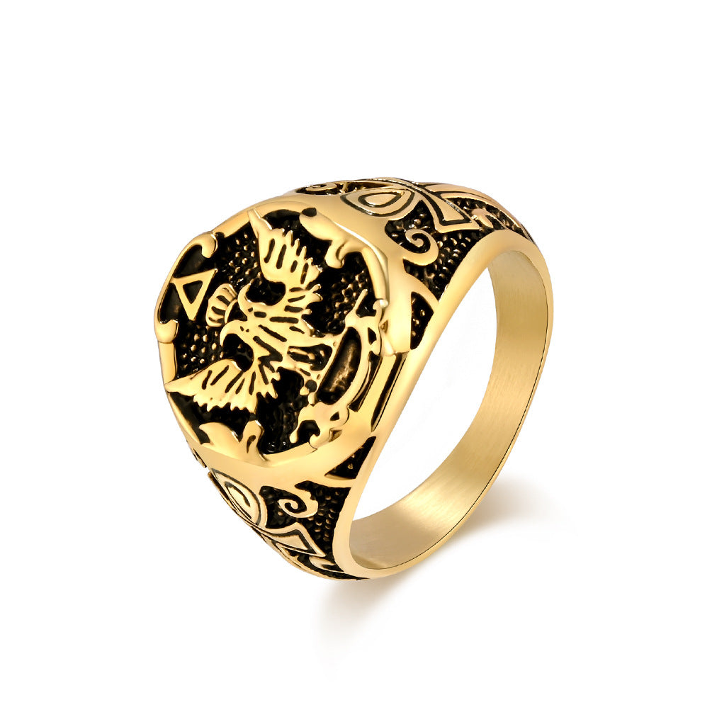 Planderful Mens Ring Retro Double-Headed Eagle Titanium Steel For Men Dominant Statement Jewelry