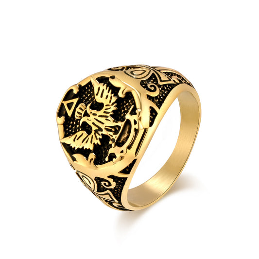 Planderful Mens Ring Retro Double-Headed Eagle Titanium Steel For Men Dominant Statement Jewelry
