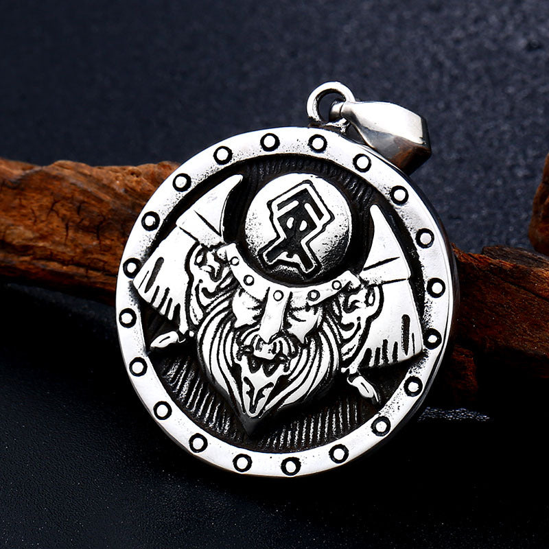 Titanium Steel Viking Warrior Helmet Pendant with Double Axe Design for Men