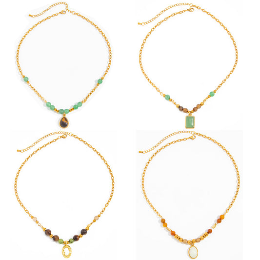 Vacation Gravel Pendant Beaded Collarbone Chain Retro Colored Gemstone Stainless Steel Neck Necklace