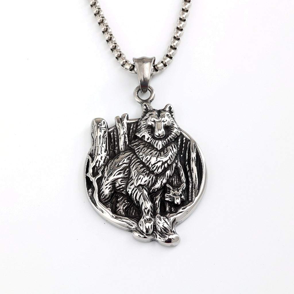 Vintage Viking Wolf Stainless Steel Men's Pendant Necklace