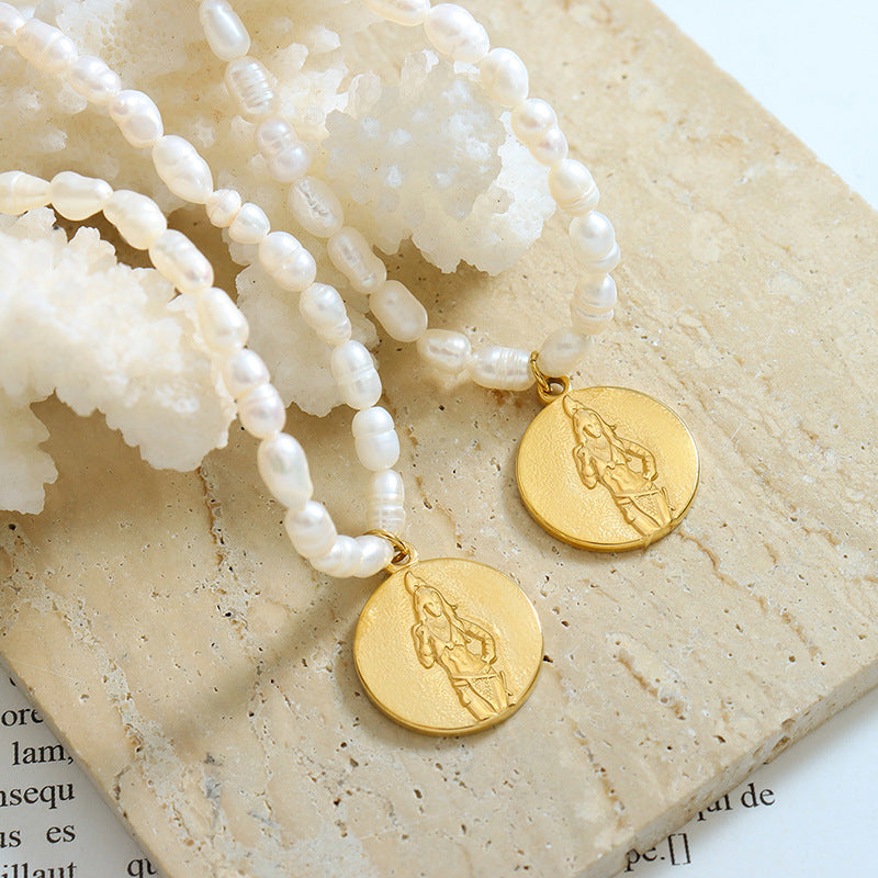 French Gold-Plated Portrait Medallion Pendant Pearl Necklace