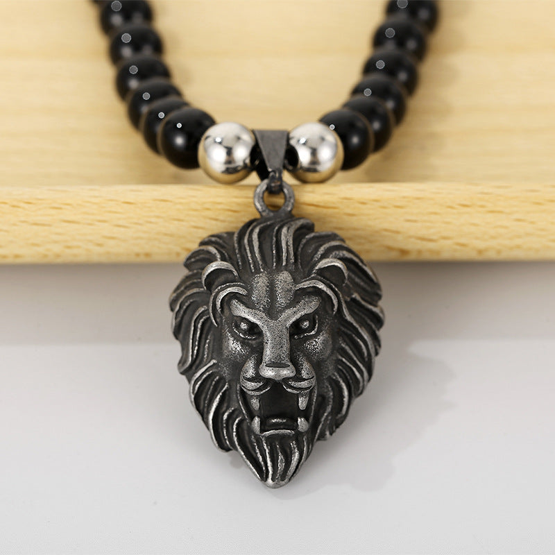 Retro Stainless Steel Men's Necklace with Black Agate Buddha Bead and Vacuum Electroplated Lion Head Pendant