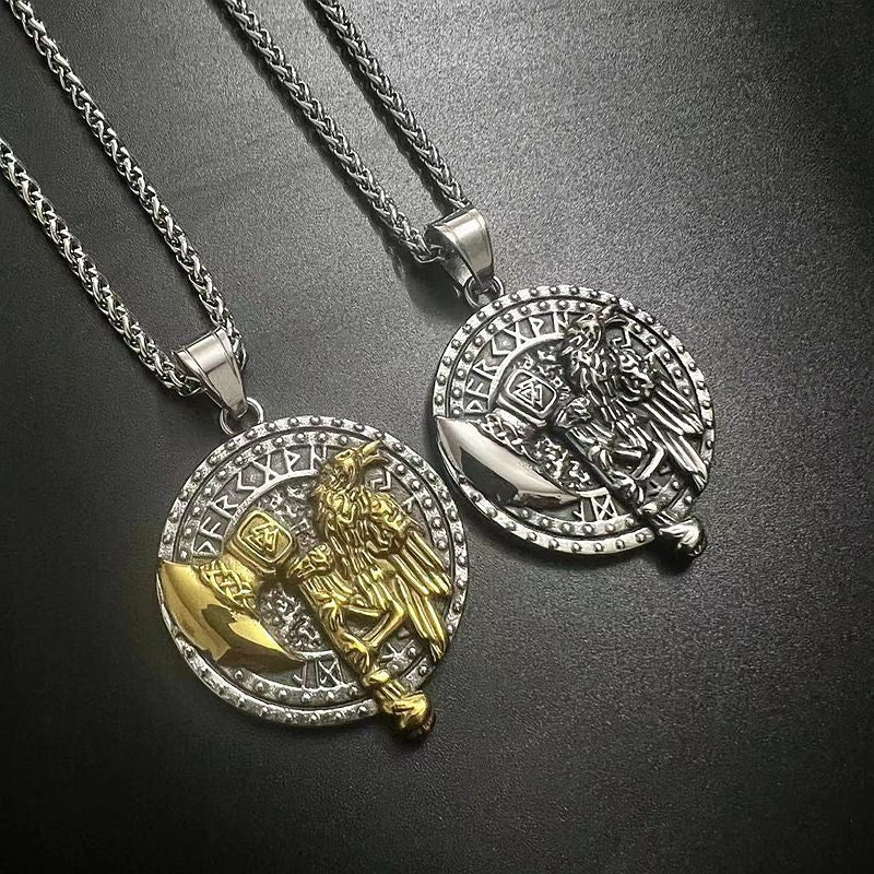 Steel Necklace - Vintage Nordic Viking Raven Tomahawk Pendant For Men With Polished Gold Plated Finish