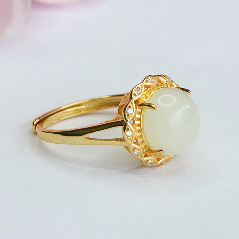 925 Sterling Silver Hetian Jade Round Ring