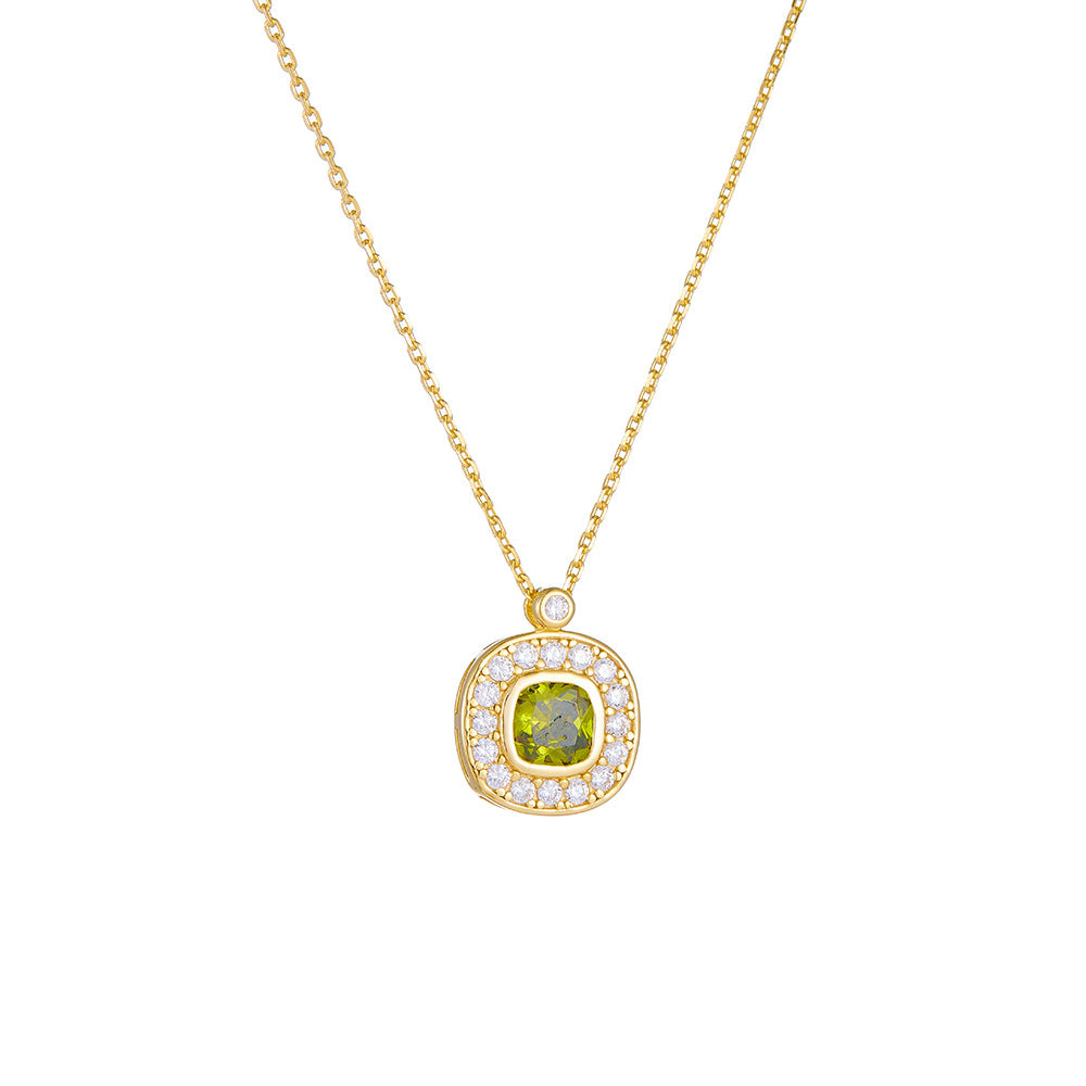 S925 Sterling Silver Square Zircon Pendant Necklace Olivine High Sense