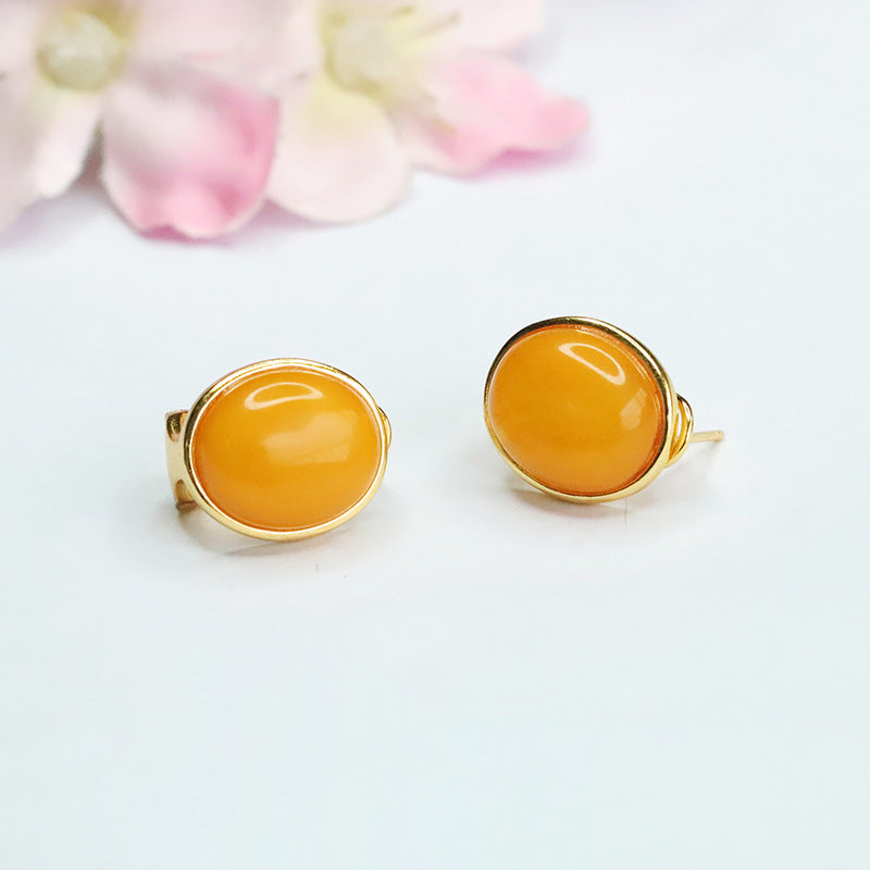 925 Sterling Silver Beeswax Amber Cabochon Stud Earrings