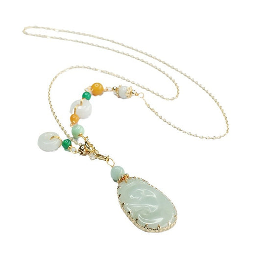 Jadeite Ruyi Necklace with Sterling Silver Chain and Jade Detail