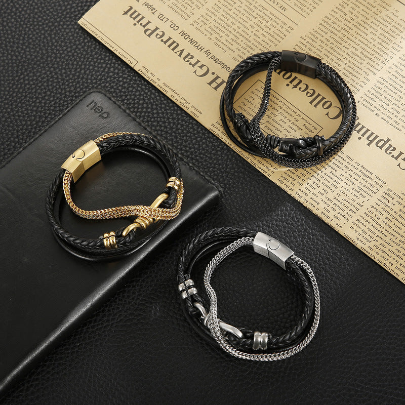 Planderful Mens Leather Bracelet Magnetic Buckle Steel