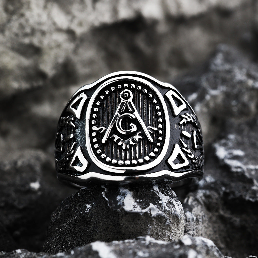 European And American Retro Stainless Steel Men's Ring Personalized Solid Masonic AG Ring For Men
