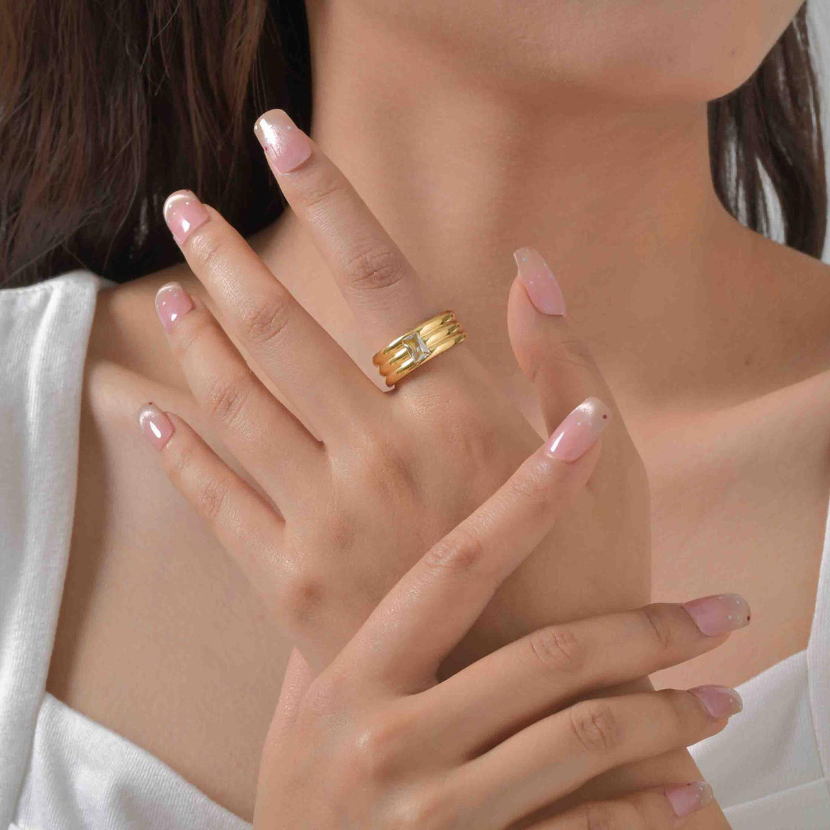 Unisex – Stainless Steel Plated Three-Layer Rectangular White Zircon Ring