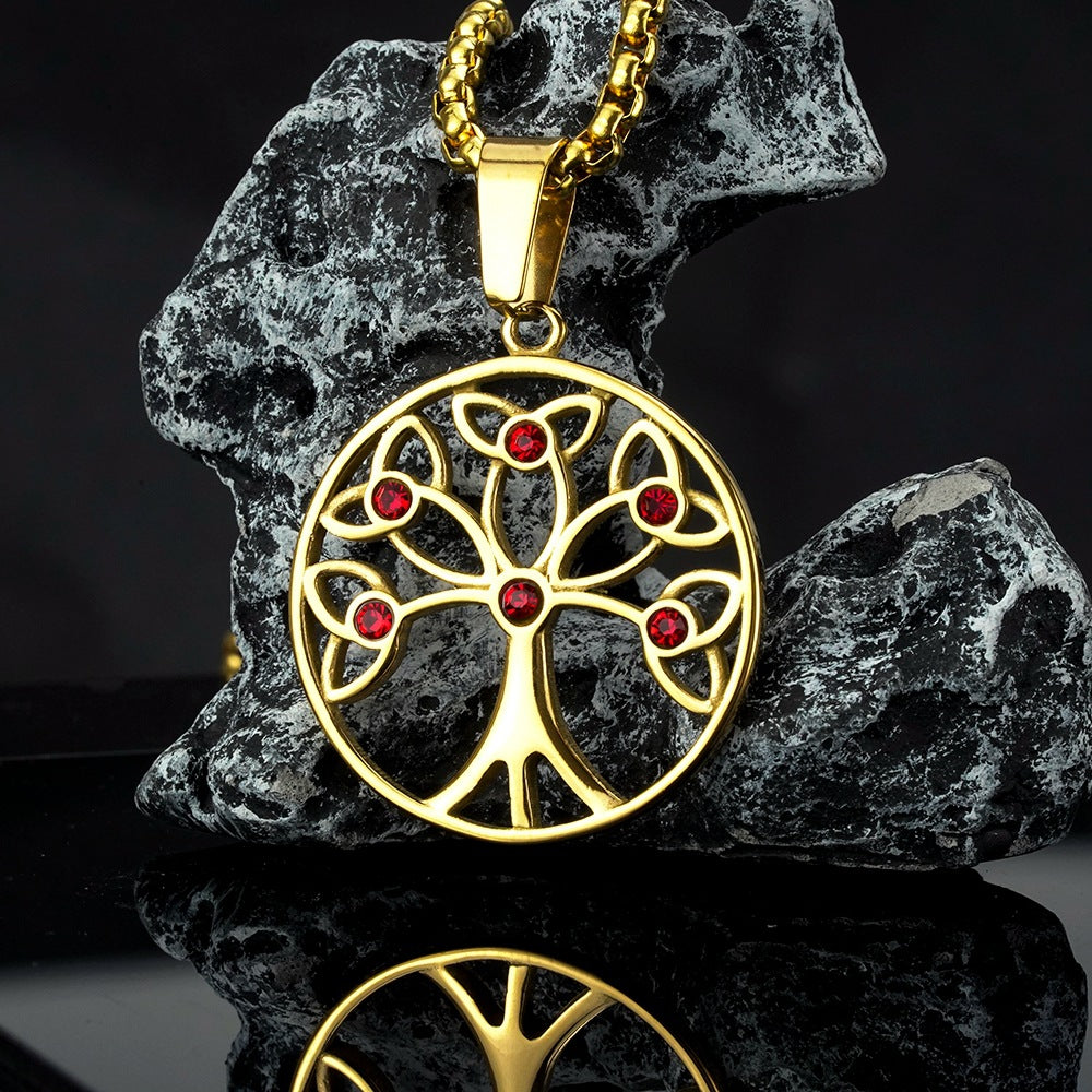 European and American Jewelry Wholesale Titanium Steel Men's Pendant Necklace Inlaid Zircon Tree of Life