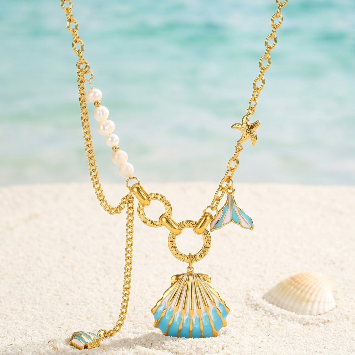 Ocean Vacation Stainless Steel Epoxy Blue Shell Small Fish Starfish Imitation Pearl Necklace