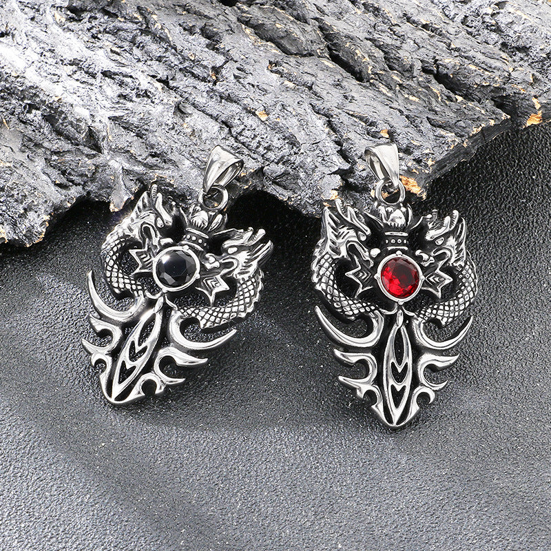 Old Zodiac Dragon Pendant, Guochao Retro Double Dragon Play Beads Inlaid With Zircon Necklace