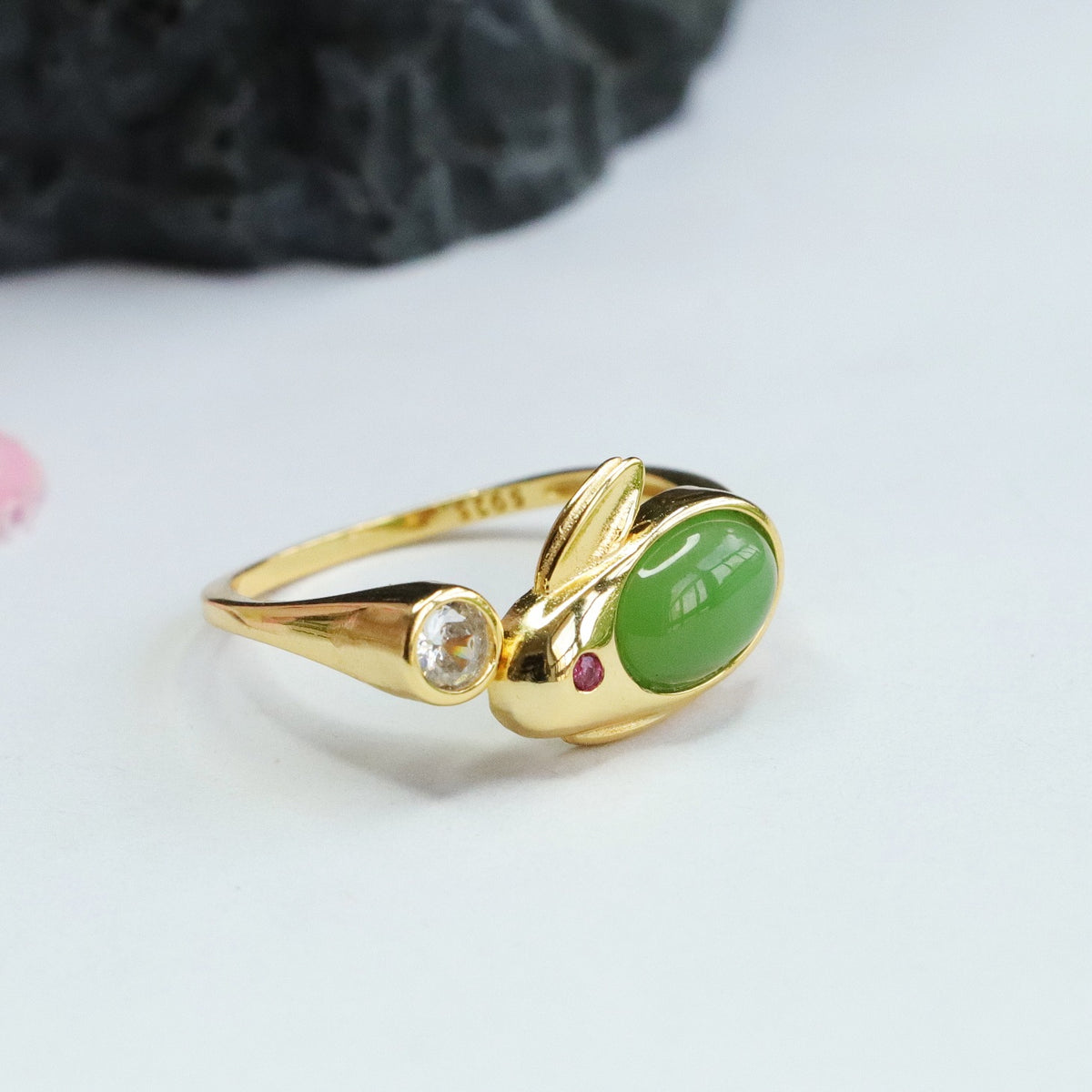 925 Sterling Silver Hetian Jasper Rabbit Ring