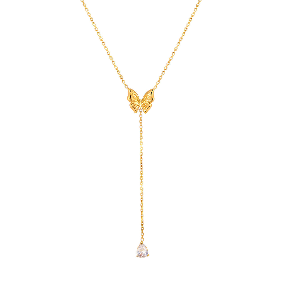 Stainless Steel Butterfly Tassel Water Drop Zircon Y-Shaped Women's Zircon Pendant Necklace