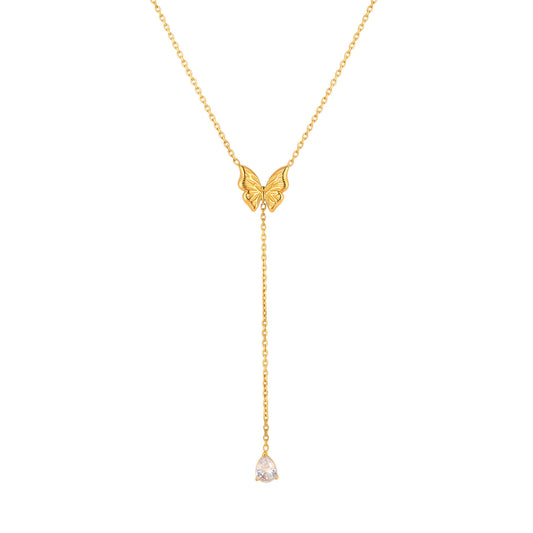 Stainless Steel Butterfly Tassel Water Drop Zircon Y-Shaped Women's Zircon Pendant Necklace