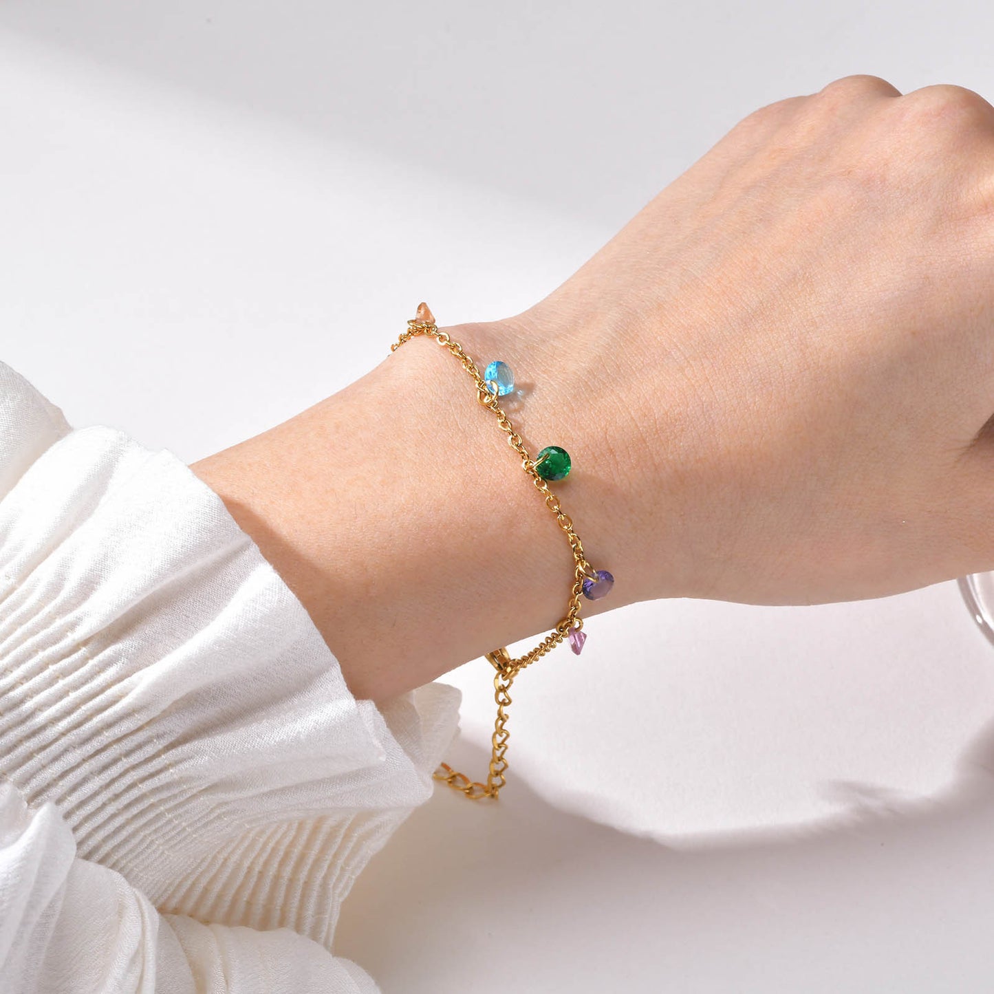 Cross-Border Niche Jewelry Wholesale Stainless Steel Dream Girl Flat Cross Chain 7 Colored Zircon Bracelet