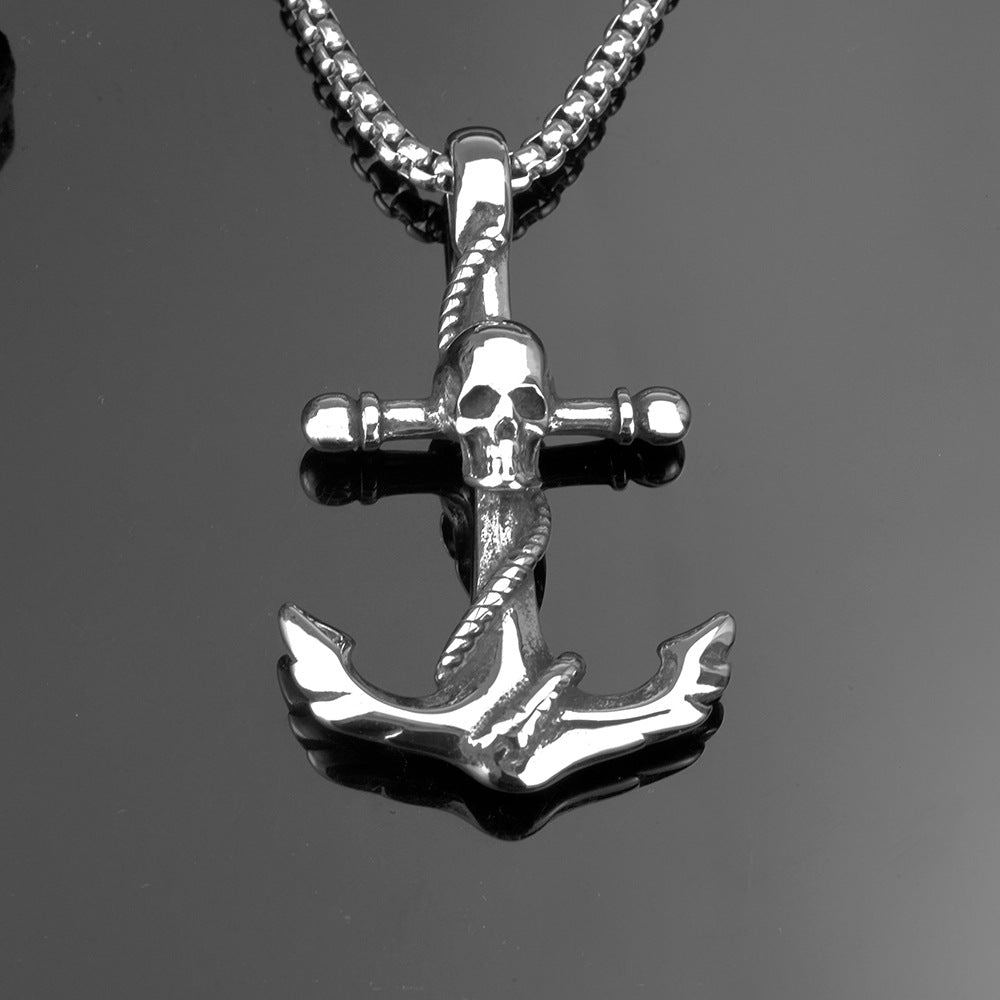 European And American Retro Men's Stainless Steel Pendant Boat Anchor Skull Necklace
