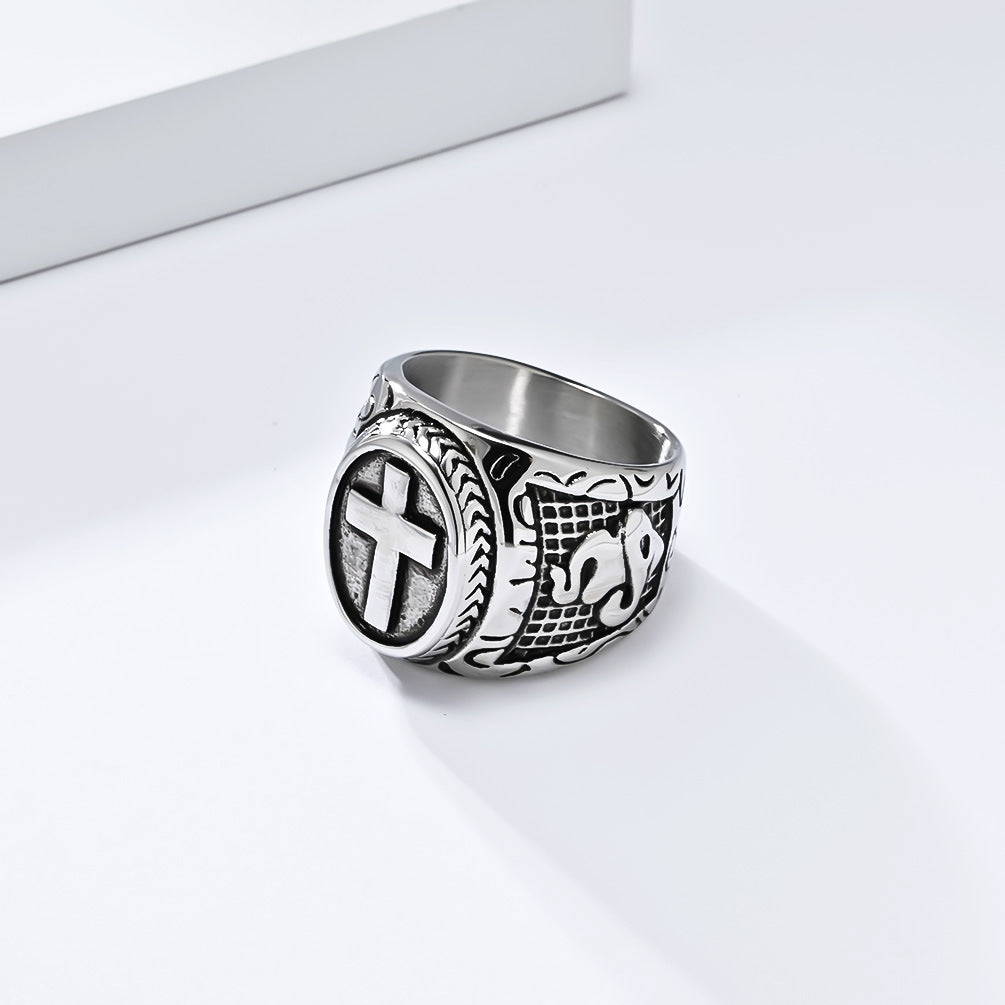 European And American Literary Retro Prayer Hand Cross Titanium Steel Ring Men's Hip-Hop Jewelry
