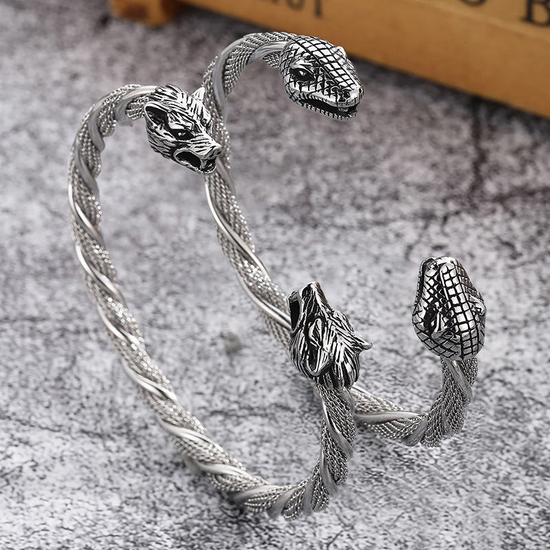 Double Wolf Head Punk Titanium Steel Men's Bracelet