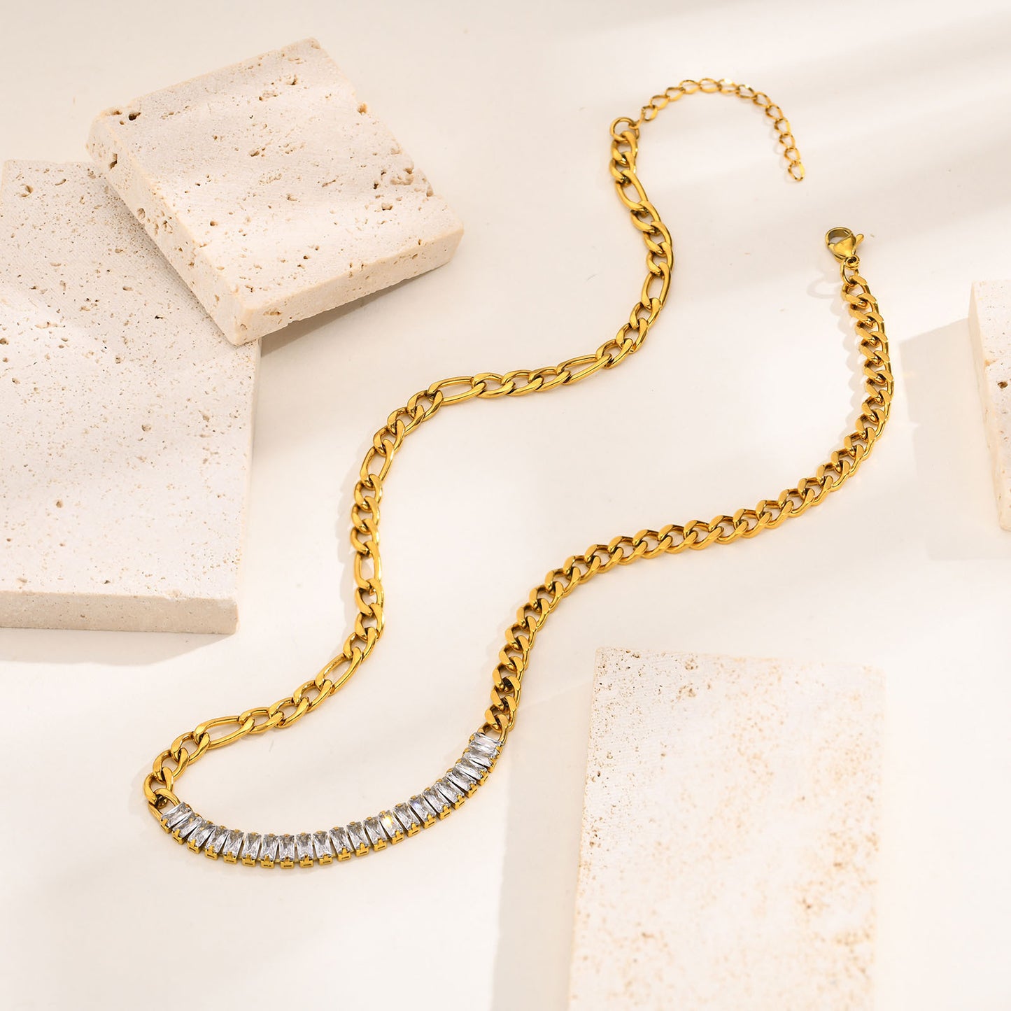 Stainless Steel Rectangle White Zircon Cuban Chain Necklace Gold