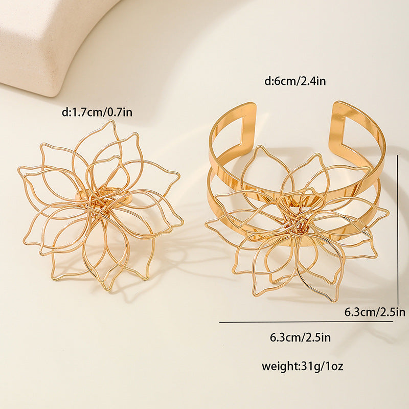 Fashionable Minimalist Metal Flower Bracelet Ring Set Planderful