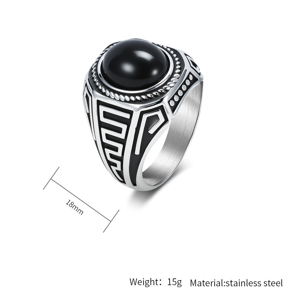 Mens Stainless Steel Ring With Black Stone Retro Trend By Planderful Everyday Genie
