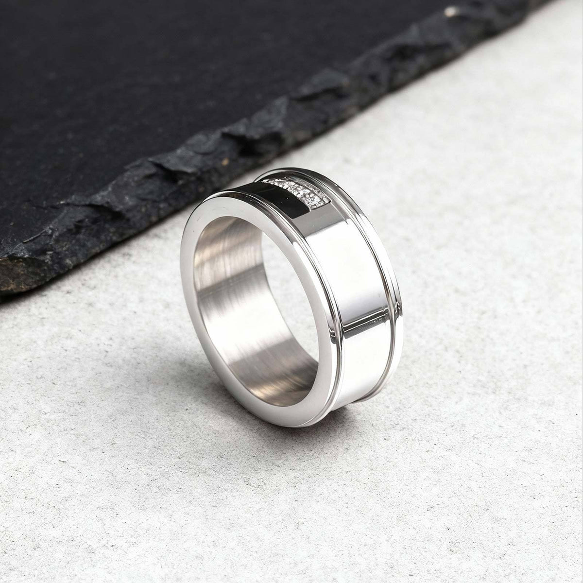 Stainless Steel Men's Cold Wind Single Ring Men's Black & White Zircon
