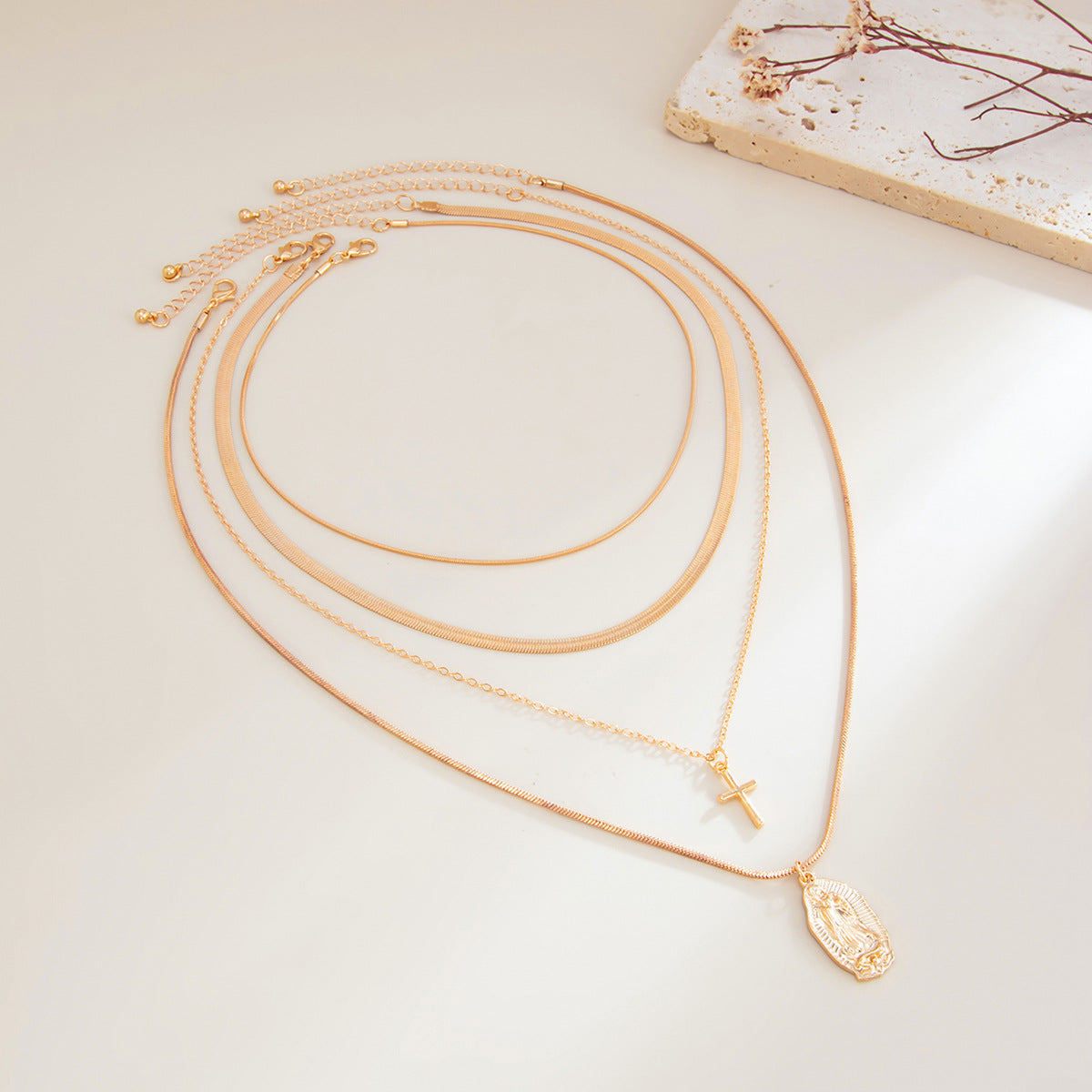 Portrait & Cross Layered Chain Necklace Set
