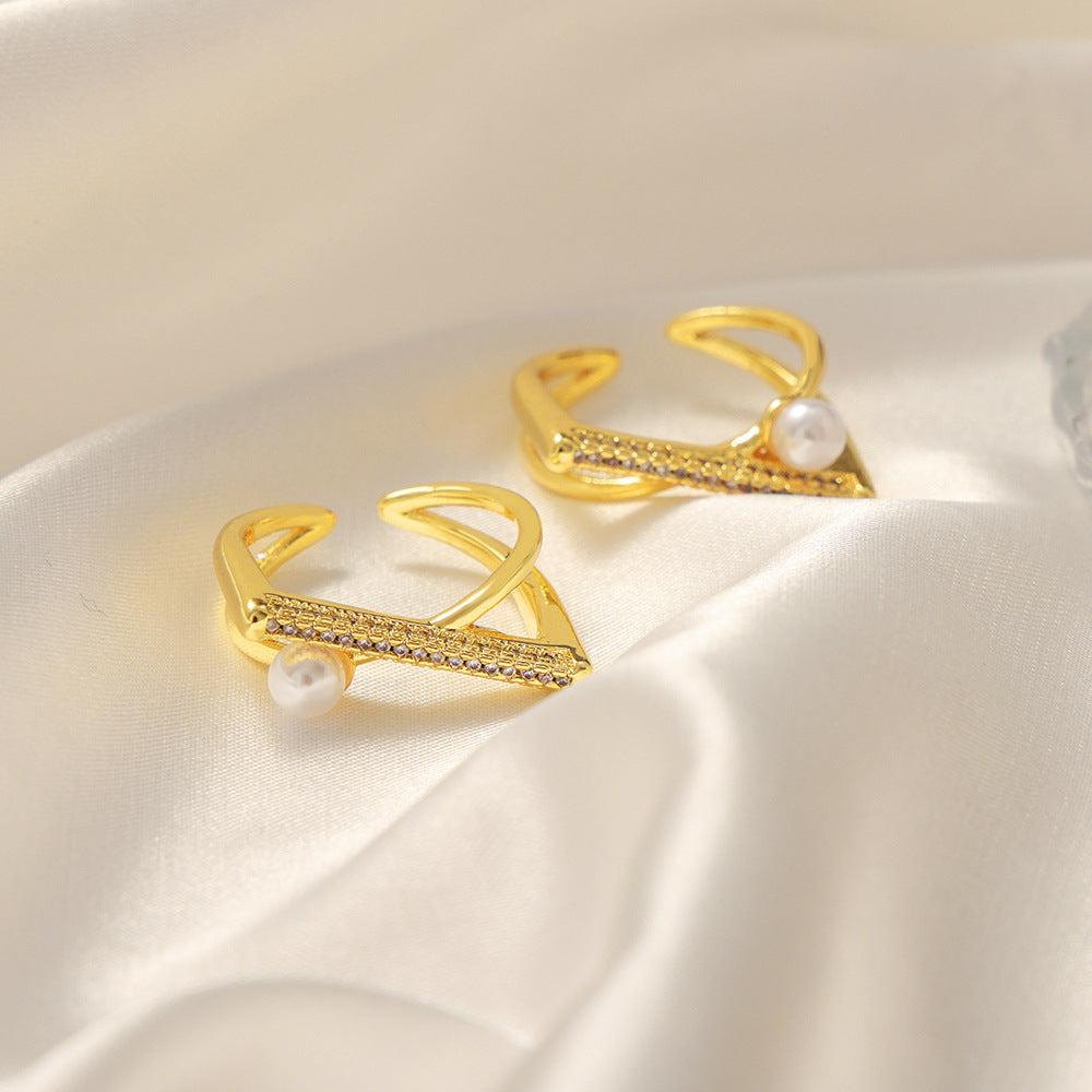 Modern Open Ring with Geometric Design and Imitation Pearl