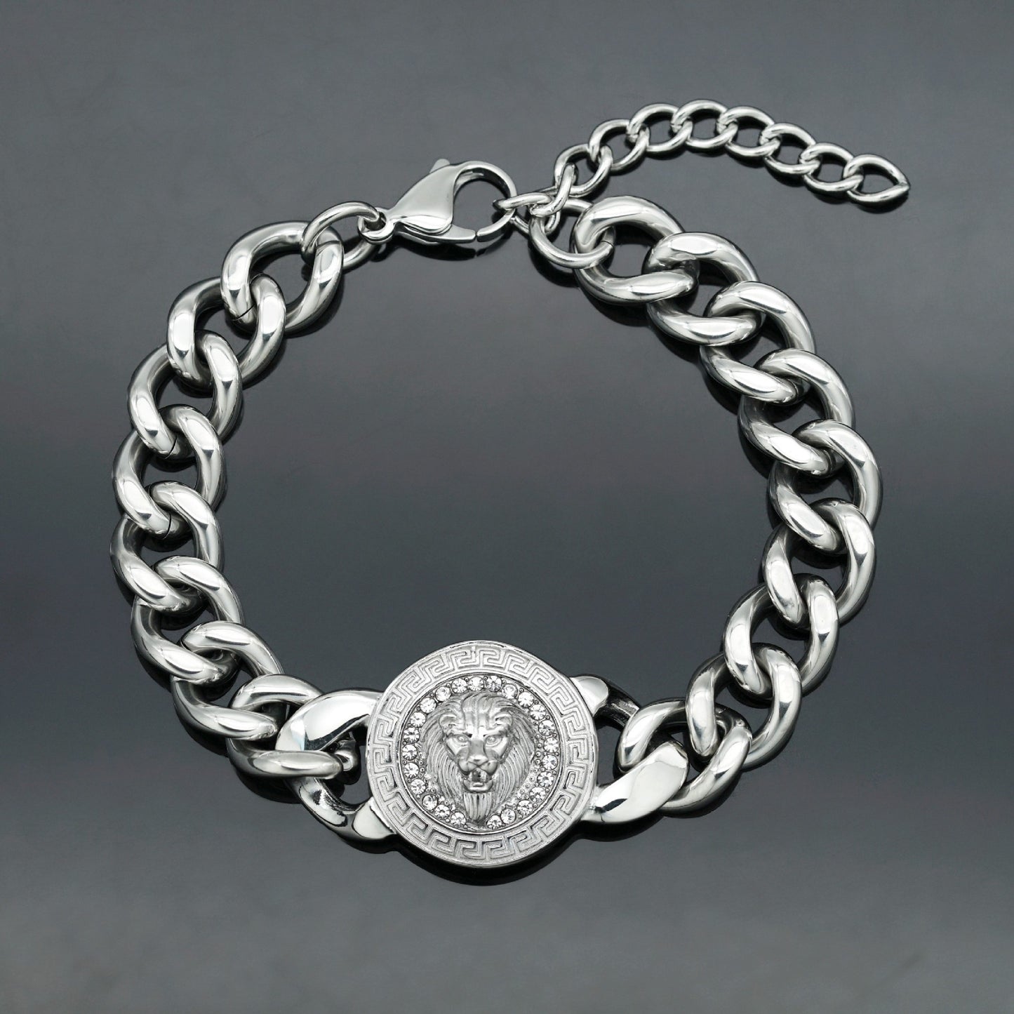 Planderful Stainless Steel Great Wall Pattern Lion Head Disc Cuban Chain Bracelet Unisex Protection Statement