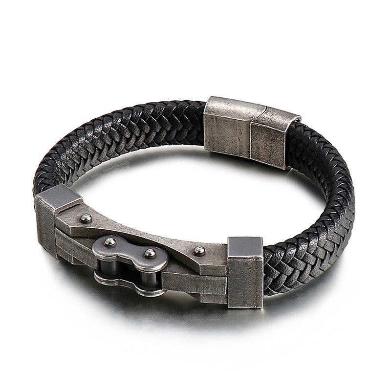 Planderful Men Punk Chain Leather Bracelet Stainless Steel