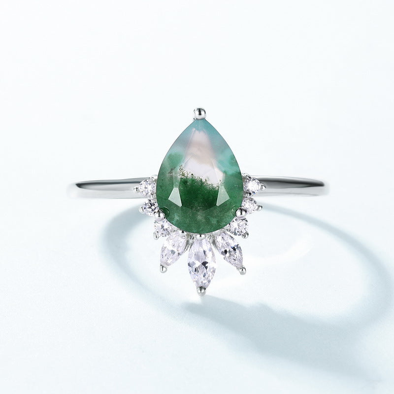 S925 Sterling Silver Moss Agate Teardrop Ring