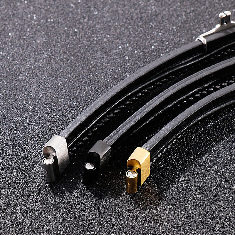 Planderful Mens Leather Rope Bracelet Magnetic Buckle