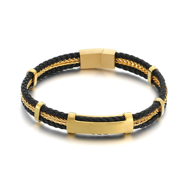 Business Men's Leather Rope Bracelet – Steel Wire Braided Multi-Layer Leather Rope
