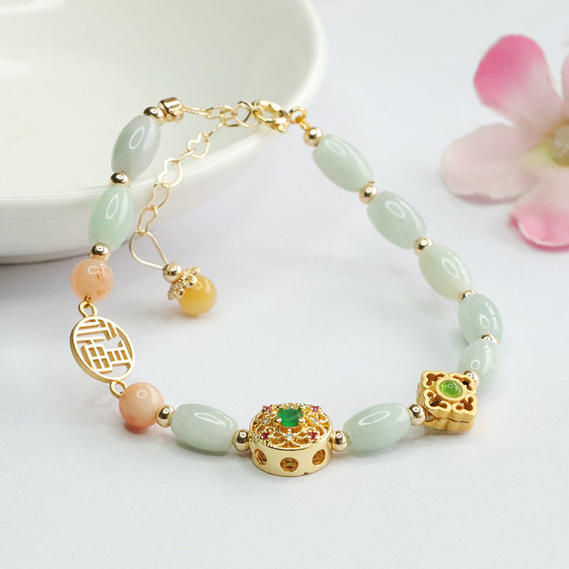 Jadeite Rice Bead & Fu Plaque Bracelet