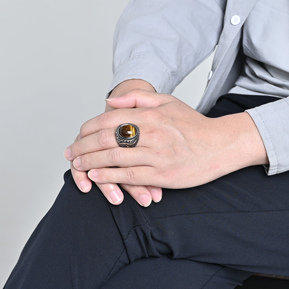 Planderful Mens Titanium Steel Ring With Tiger Eye Gem Retro Engraved Bold Statement Jewelry