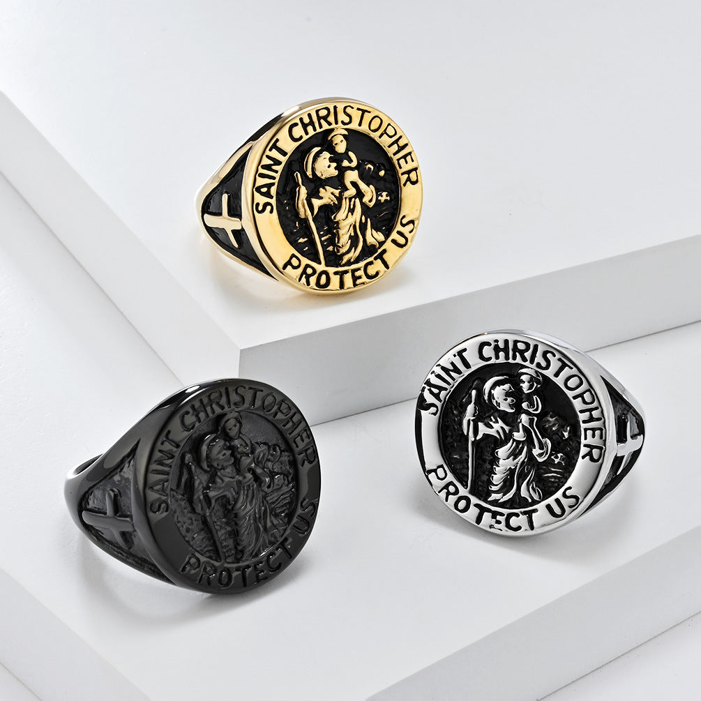 European And American Literary Retro Christopher Steel Ring