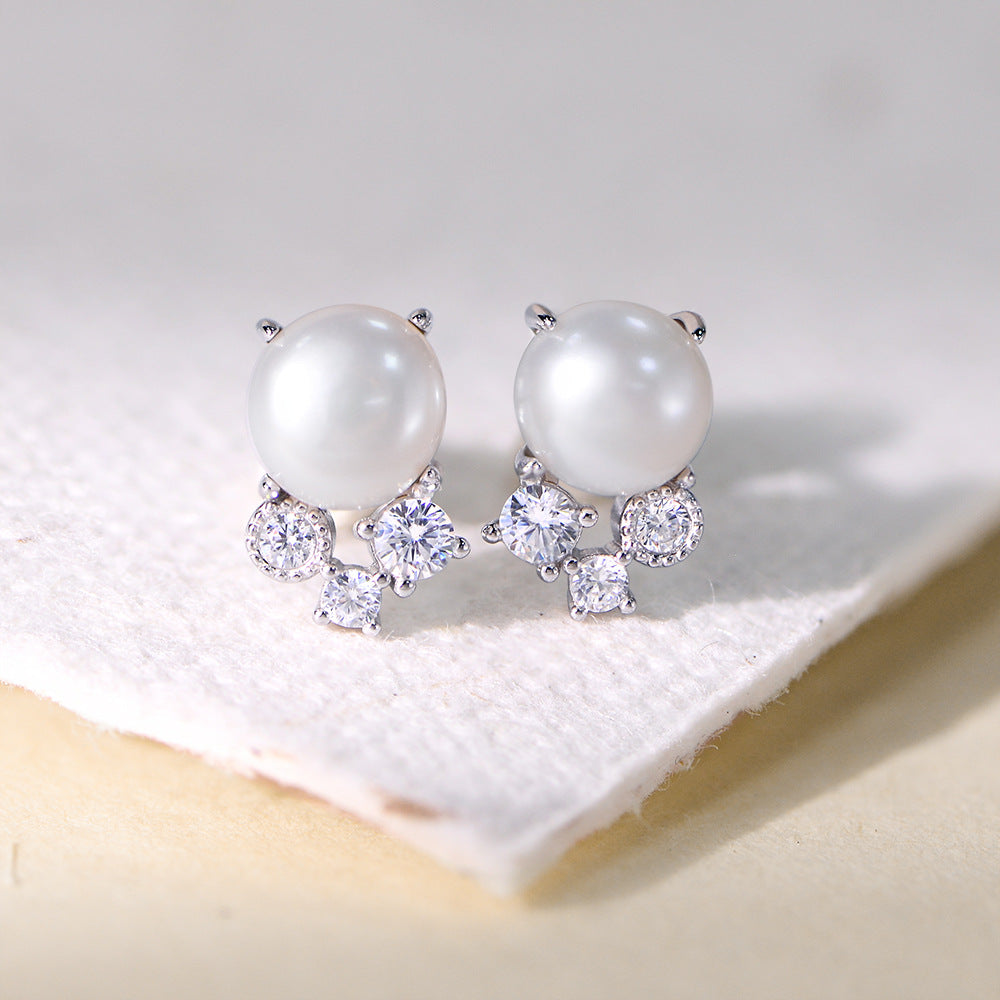 Planderful Pearl Stud Earrings S925 Sterling Silver Natural Freshwater Pearl For Women Retro Light Luxury Zircon Accent