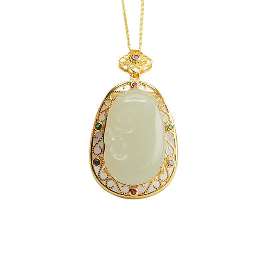 Jade Ruyi Necklace with Sterling Silver Pendant from Hotan