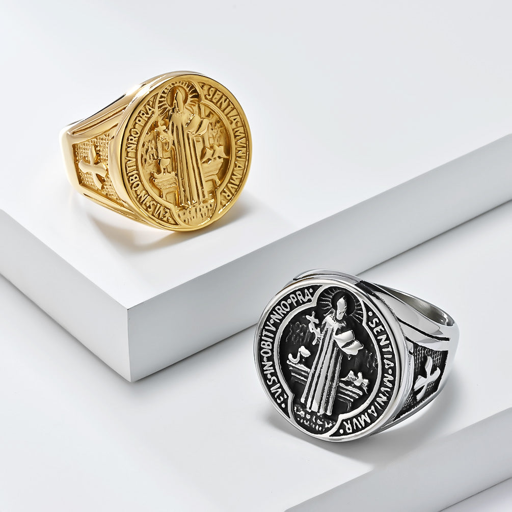 Planderful St Benedict Ring For Men Titanium Steel Durable Iconic Exorcism Symbol Jewelry