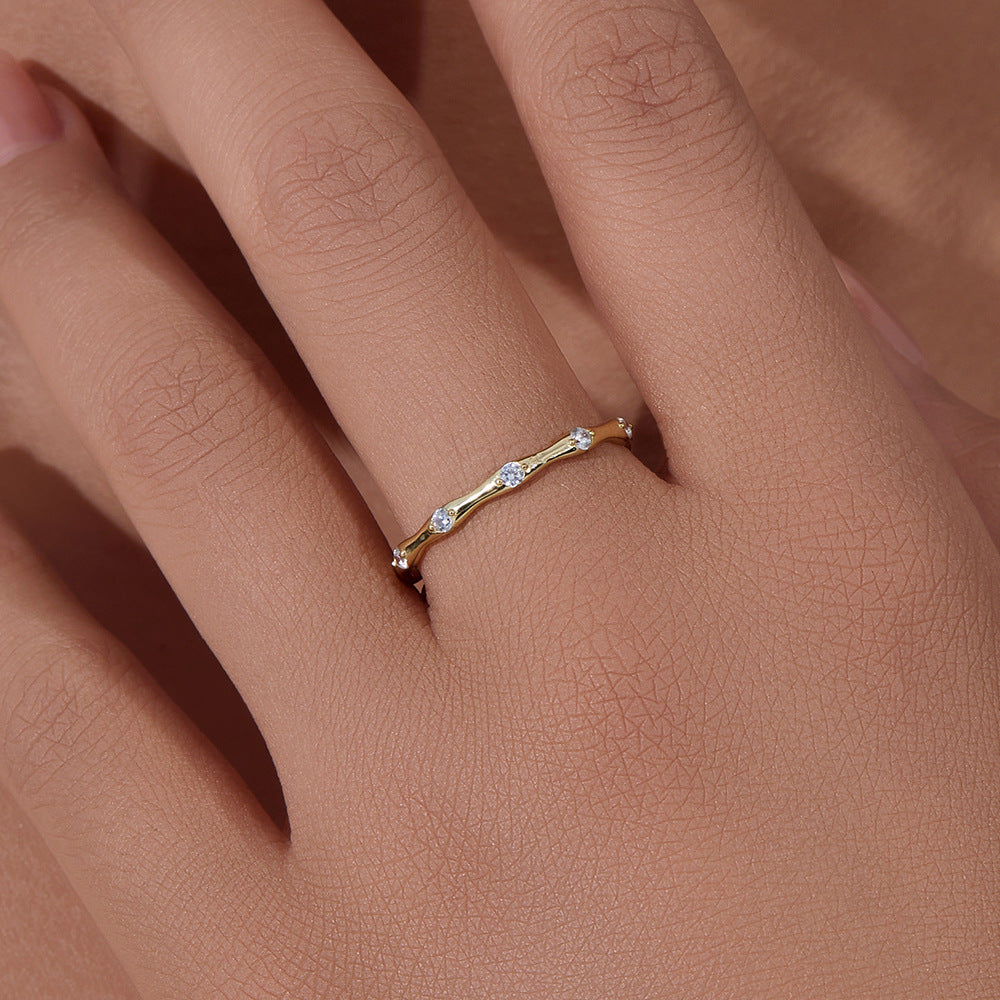 S925 Sterling Silver Geometric Bamboo Ring Japanese Cold Wind Zircon Ring Fine Ring
