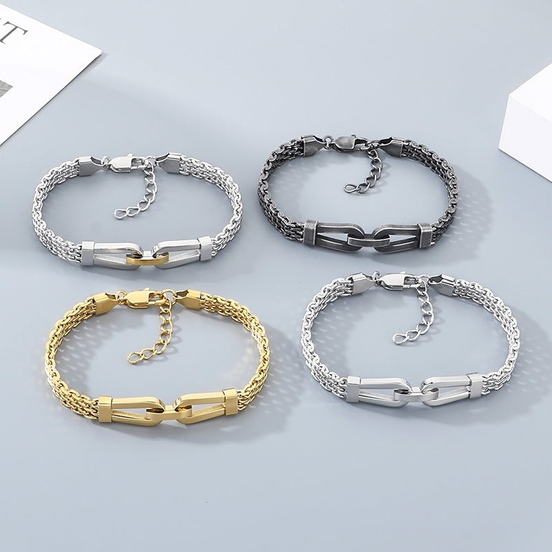 Style Hollow Woven Chain Design Horseshoe Buckle Titanium Steel Men's Bracelet