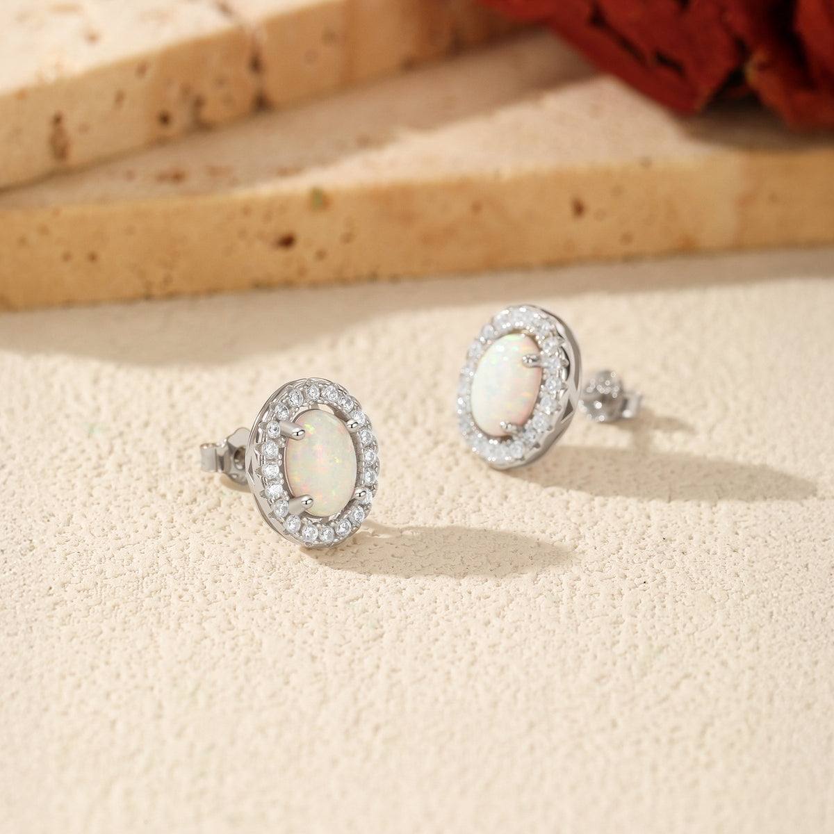 925 Sterling Silver Faux Opal Stud Earrings