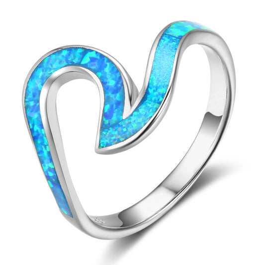 Planderful Jewelry Sterling Silver Opal Ring Blue Geometric Design For Women Collection