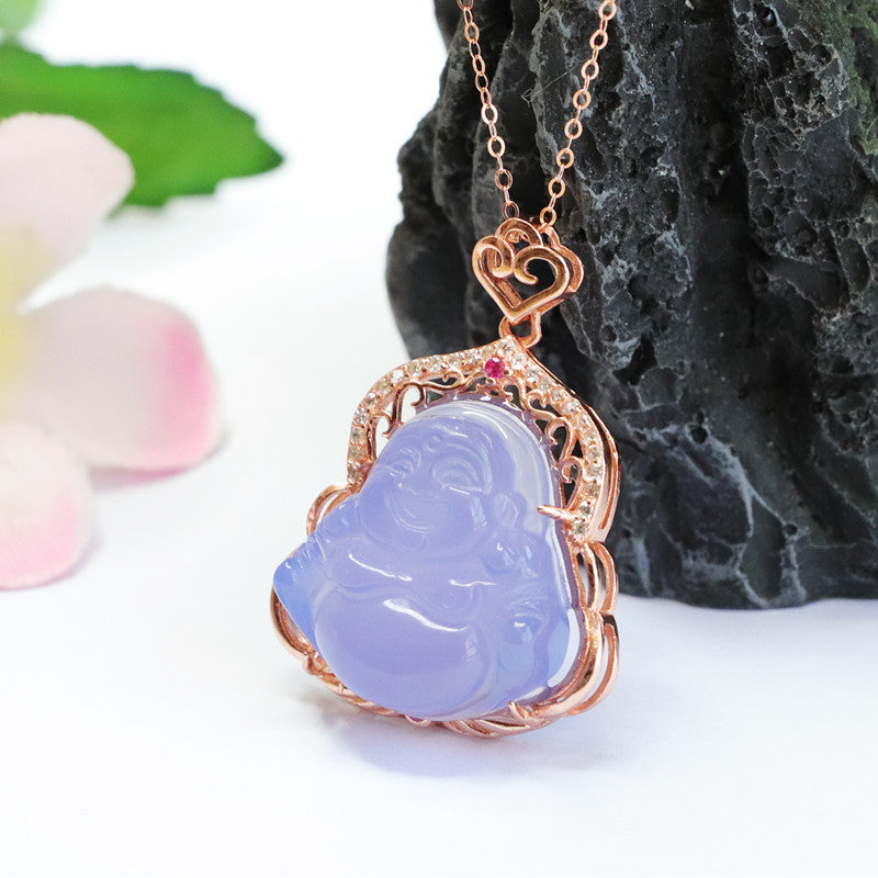 Buddha Pendant Necklace with Purple Chalcedony and Zircon Embellishments