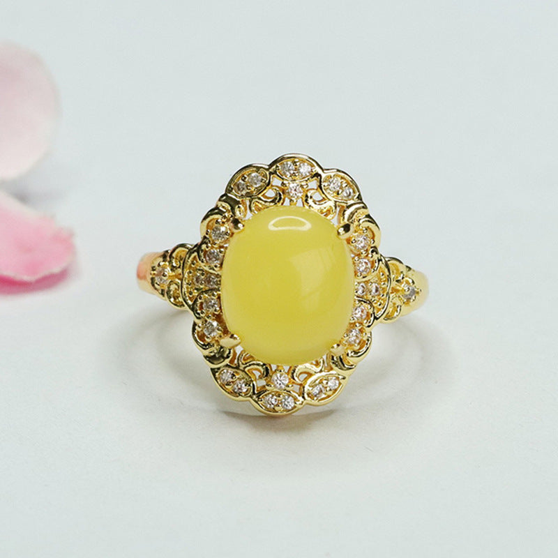 Auspicious Cloud Ring with Natural Beeswax Amber and Zircon - Sterling Silver Jewelry for Women