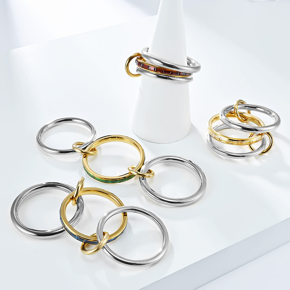 Planderful Collection Everyday Genie Zircon Rings Stacked Set Stainless Steel 18K Gold Plated Unisex Luxury Jewelry
